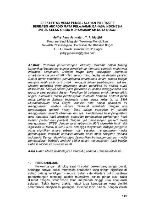 EFEKTIFITAS MEDIA PEMBELAJARAN INTERAKTIF BERBASIS ANDROID MATA PELAJARAN BAHASA INDONESIA UNTUK KELAS XI SMA MUHAMMADIYAH KOTA BOGOR.pdf