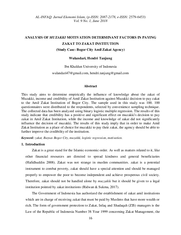 ANALYSIS OF MUZAKKI MOTIVATION DETERMINANT FACTORS IN PAYING ZAKAT TO ZAKAT INSTITUTION (Study Case Bogor City Amil Zakat Agency).pdf