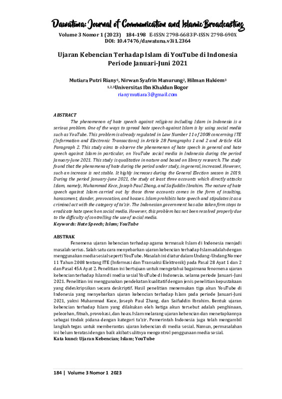Ujaran kebencian terhadap islam di youtube di indonesia periode januari-Juni 2021.pdf Ujaran kebencian terhadap islam di youtube di indonesia periode januari-Juni 2021.pdf