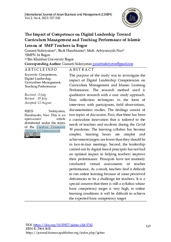 The Impact of Competence on Digital Leadership Toward Curriculum Management and Teaching Performance of Islamic Lesson of SMP Teachers in Bogor.pdf The Impact of Competence on Digital Leadership Toward Curriculum Management and Teaching Performance of Islamic Lesson of SMP Teachers in Bogor.pdf