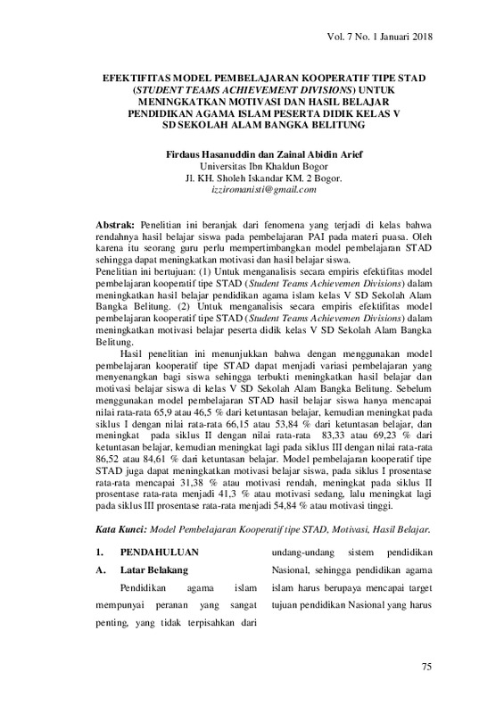 Efektifitas Model Pembelajaran Kooperatif Tipe Stad (Student Teams Achievement Divisions) Untuk Meningkatkan Motivasi Dan Hasil Belajar Pendidikan Agama Islam Peserta Didik ….pdf