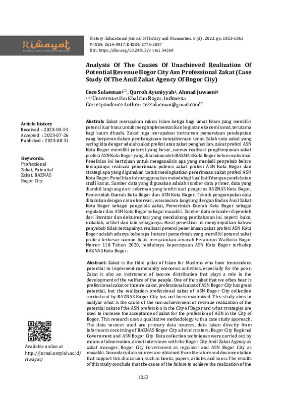 Analysis Of The Causes Of Unachieved Realization Of Potential Revenue Bogor City Asn Professional Zakat (Case Study Of The Amil Zakat Agency Of Bogor City).pdf