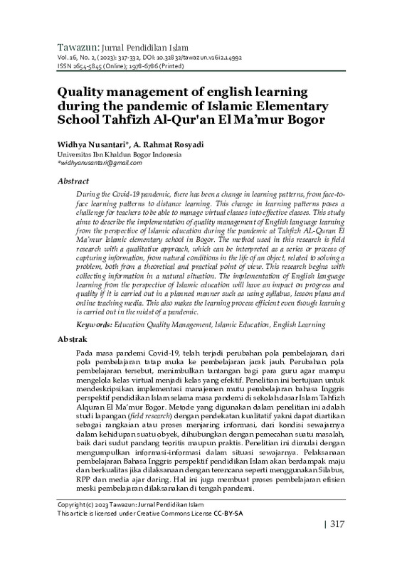 Quality management of english learning during the pandemic of Islamic Elementary School Tahfizh Al-Qur'an El Ma’mur Bogor.pdf Quality management of english learning during the pandemic of Islamic Elementary School Tahfizh Al-Qur'an El Ma’mur Bogor.pdf