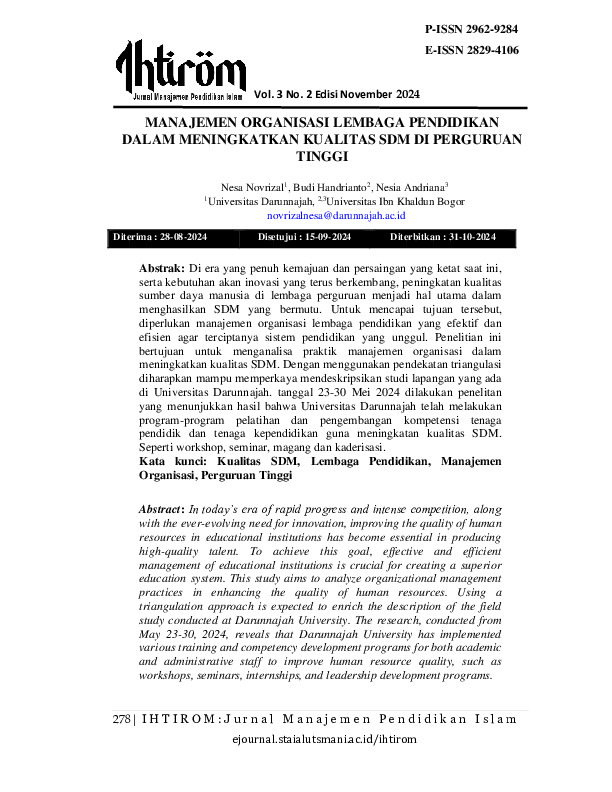 MANAJEMEN ORGANISASI LEMBAGA PENDIDIKAN DALAM MENINGKATKAN KUALITAS SDM DI PERGURUAN TINGGI (STUDI KASUS UNIVERSITAS DARUNNAJAH).pdf