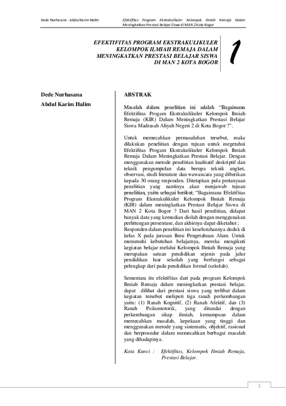 EFEKTIFITAS PROGRAM EKSTRAKULIKULER KELOMPOK ILMIAH REMAJA DALAM MENINGKATKAN PRESTASI BELAJAR SISWA DI MAN 2 KOTA BOGOR.pdf EFEKTIFITAS PROGRAM EKSTRAKULIKULER KELOMPOK ILMIAH REMAJA DALAM MENINGKATKAN PRESTASI BELAJAR SISWA DI MAN 2 KOTA BOGOR.pdf