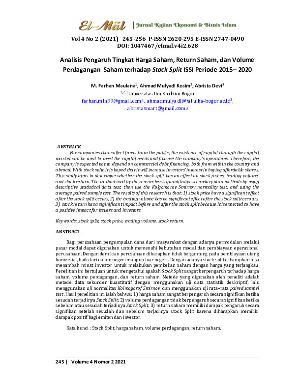 Analisis Pengaruh Tingkat Harga Saham, Return Saham, dan Volume Perdagangan Saham terhadap Stock Split ISSI Periode 2015–2020.pdf Analisis Pengaruh Tingkat Harga Saham, Return Saham, dan Volume Perdagangan Saham terhadap Stock Split ISSI Periode 2015–2020.pdf