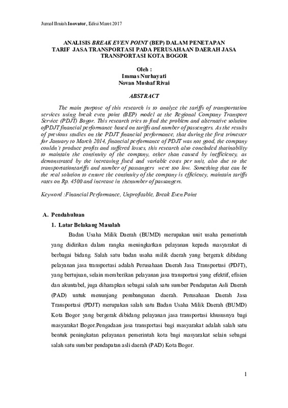 Analisis Break Even Point (BEP) Dalam Penetapan Tarif Jasa Transportasi Pada Perusahaan Daerah Jasa Transportasi Kota Bogor.pdf