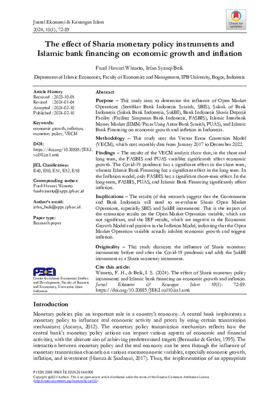 The effect of Sharia monetary policy instruments and Islamic bank financing on economic growth and inflation.pdf