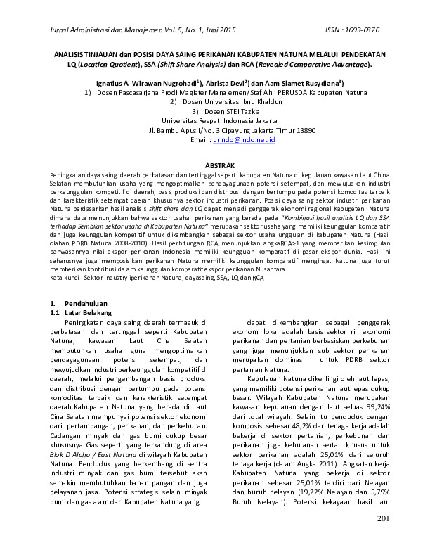 Analisis Tinjauan dan Posisi Daya Saing Perikanan Kabupaten Natuna Melalui Pendekatan LQ (Location Quotient), SSA (Shift Share Analysis) dan RCA (Revealed Comparative Advantage).pdf Analisis Tinjauan dan Posisi Daya Saing Perikanan Kabupaten Natuna Melalui Pendekatan LQ (Location Quotient), SSA (Shift Share Analysis) dan RCA (Revealed Comparative Advantage).pdf