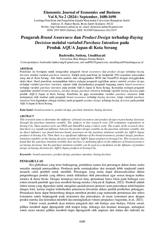 Pengaruh Brand Awareness dan Product Design terhadap Buying Decision melalui variabel Purchase Intention pada Produk AQUA Japan di Kota Serang.pdf