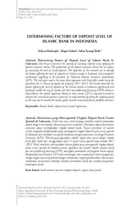 Determining factors of Deposit level of Islamic bank in Indonesia.pdf Determining factors of Deposit level of Islamic bank in Indonesia.pdf