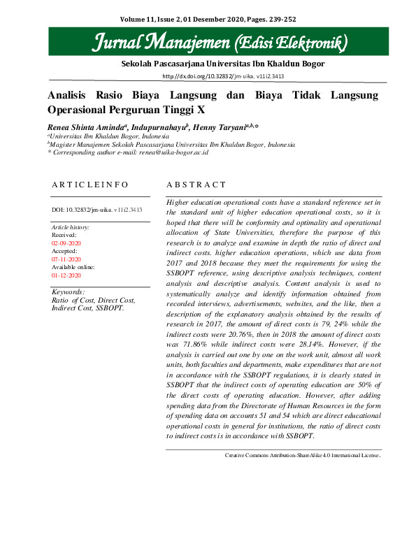 Analisis Rasio Biaya Langsung dan Biaya Tidak Langsung Operasional Perguruan Tinggi X.pdf Analisis Rasio Biaya Langsung dan Biaya Tidak Langsung Operasional Perguruan Tinggi X.pdf