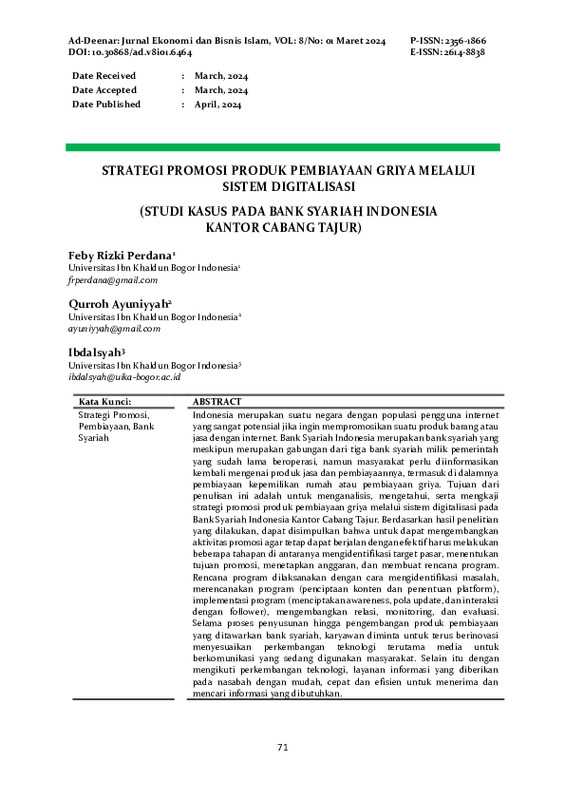 STRATEGI PROMOSI PRODUK PEMBIAYAAN GRIYA MELALUI SISTEM DIGITALISASI (STUDI KASUS PADA BANK SYARIAH INDONESIA KANTOR CABANG TAJUR).pdf