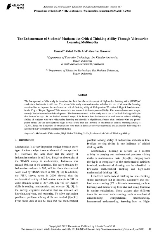 The Enhancement of Students’ Mathematics Critical Thinking Ability Through Videoscribe Learning Multimedia.pdf The Enhancement of Students’ Mathematics Critical Thinking Ability Through Videoscribe Learning Multimedia.pdf
