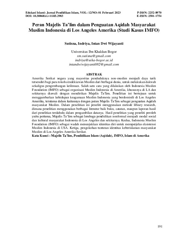 Peran Majelis Taâ€™ lim dalam Penguatan Aqidah Masyarakat Muslim Indonesia di Los Angeles Amerika (Studi Kasus IMFO).pdf