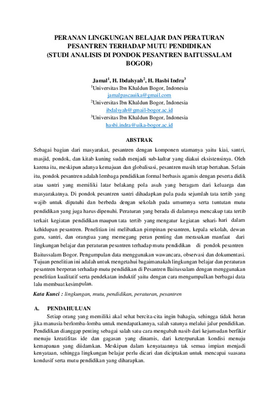 15 PERANAN LINGKUNGAN BELAJAR DAN PERATURAN PESANTREN TERHADAP MUTU PENDIDIKAN (STUDI ANALISIS DI PONDOK PESANTREN BAITUSSALAM BOGOR).pdf 15 PERANAN LINGKUNGAN BELAJAR DAN PERATURAN PESANTREN TERHADAP MUTU PENDIDIKAN (STUDI ANALISIS DI PONDOK PESANTREN BAITUSSALAM BOGOR).pdf