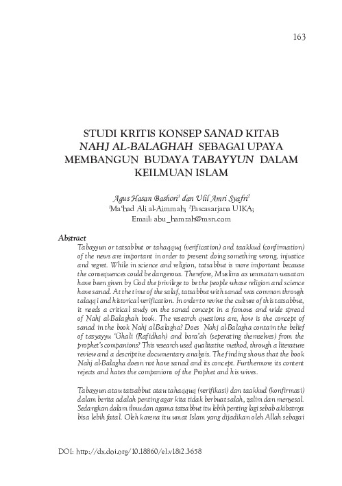 Studi kritis konsep sanad kitab Nahj Al-Balaghah sebagai upaya membangun budaya tabayyun dalam keilmuan Islam.pdf Studi kritis konsep sanad kitab Nahj Al-Balaghah sebagai upaya membangun budaya tabayyun dalam keilmuan Islam.pdf