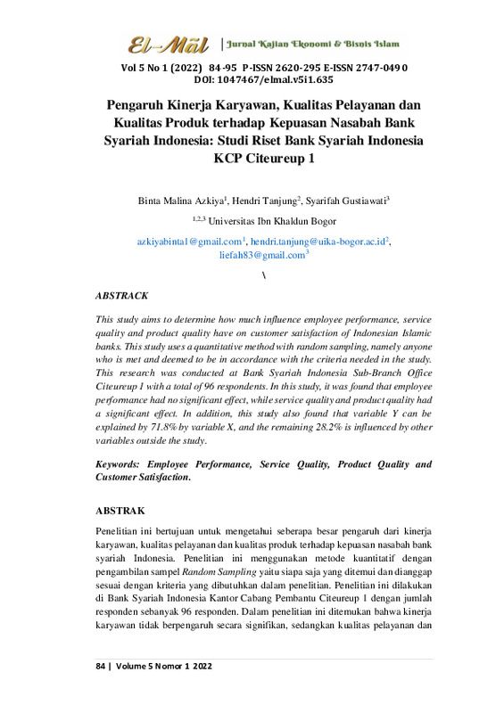 Pengaruh Kinerja Karyawan, Kualitas Pelayanan dan Kualitas Produk terhadap Kepuasan Nasabah Bank Syariah Indonesia.pdf