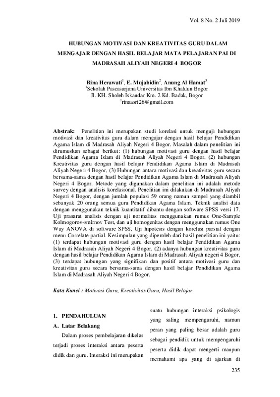 Hubungan Motivasi Dan Kreativitas Guru Dalam Mengajar Dengan Hasil Belajar Mata Pelajaran PAI Di Madrasah Aliyah Negeri 4 Bogor.pdf