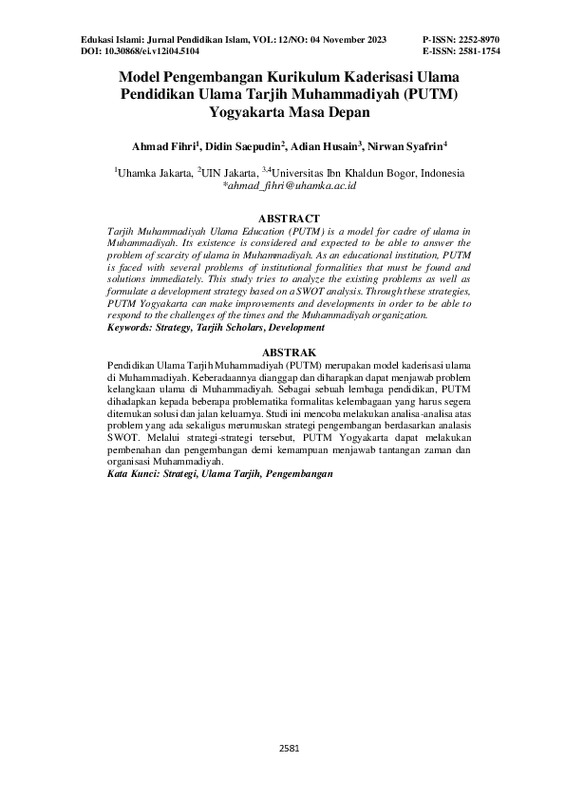 Model Pengembangan Kurikulum Kaderisasi Ulama Pendidikan Ulama Tarjih Muhammadiyah (PUTM) Yogyakarta Masa Depan.pdf Model Pengembangan Kurikulum Kaderisasi Ulama Pendidikan Ulama Tarjih Muhammadiyah (PUTM) Yogyakarta Masa Depan.pdf