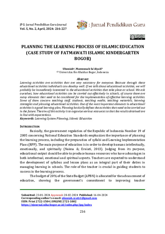 PLANNING THE LEARNING PROCESS OF ISLAMIC EDUCATION (CASE STUDY OF FATMAWATI ISLAMIC KINDERGARTEN BOGOR).pdf PLANNING THE LEARNING PROCESS OF ISLAMIC EDUCATION (CASE STUDY OF FATMAWATI ISLAMIC KINDERGARTEN BOGOR).pdf