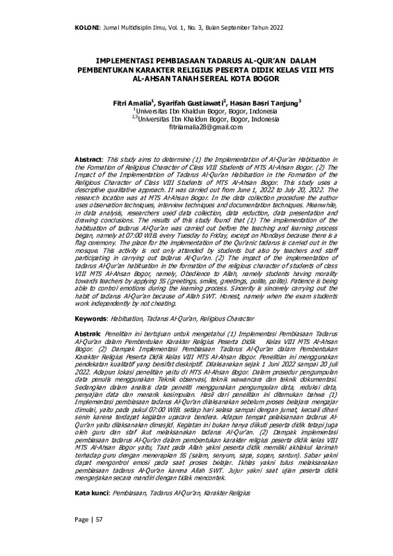 Implementasi Pembiasaan Tadarus Al-Qur’an dalam Pembentukan Karakter Religius Peserta Didik Kelas VIII MTs Al-Ahsan Tanah Sereal Kota Bogor.pdf