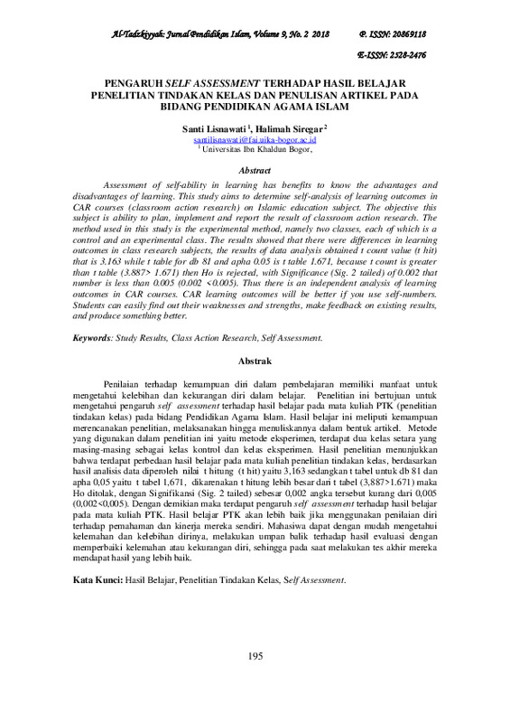 Pengaruh Self Assessment terhadap hasil belajar penelitian tindakan kelas dan penulisan artikel pada bidang Pendidikan Agama Islam.pdf Pengaruh Self Assessment terhadap hasil belajar penelitian tindakan kelas dan penulisan artikel pada bidang Pendidikan Agama Islam.pdf