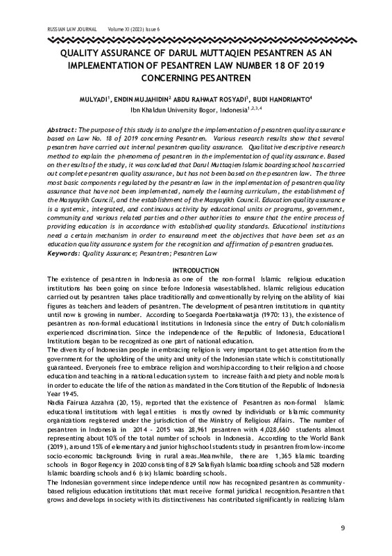 QUALITY ASSURANCE OF DARUL MUTTAQIEN PESANTREN AS AN IMPLEMENTATION OF PESANTREN LAW NUMBER 18 OF 2019 CONCERNING PESANTREN.pdf