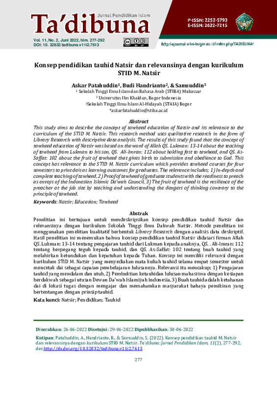 Konsep pendidikan tauhid M. Natsir dan relevansinya dengan kurikulum STID M. Natsir.pdf