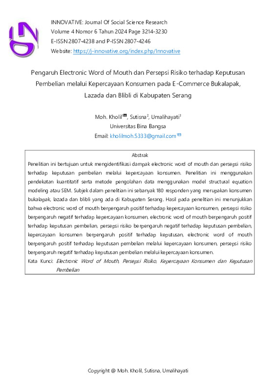 Pengaruh Electronic Word Of Mouth Dan Persepsi Risiko Terhadap Keputusan Pembelian Melalui Kepercayaan Konsumen Pada E-Commerce Bukalapak, Lazada Dan Blibli Di Kabupaten Serang.pdf