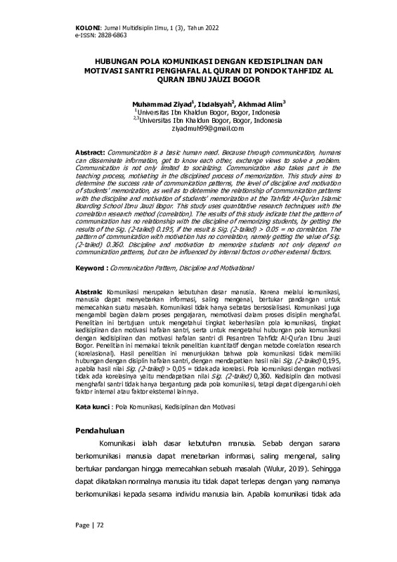 Hubungan pola komunikasi dengan kedisiplinan dan motivasi santri penghafal Al Quran di Pondok Tahfidz Al Quran Ibnu Jauzi Bogor.pdf Hubungan pola komunikasi dengan kedisiplinan dan motivasi santri penghafal Al Quran di Pondok Tahfidz Al Quran Ibnu Jauzi Bogor.pdf