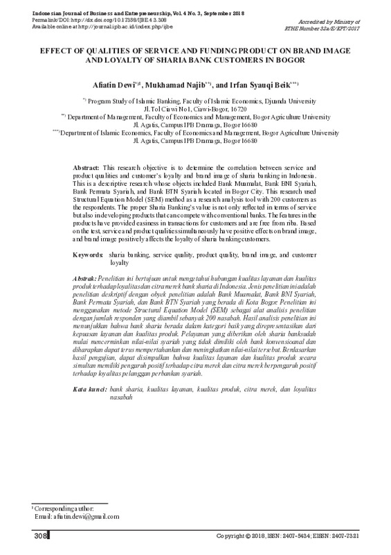 Effect of qualities of service and funding product on brand image and loyalty of sharia bank customers in Bogor.pdf