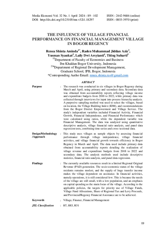 THE INFLUENCE OF VILLAGE FINANCIAL PERFORMANCE ON FINANCIAL MANAGEMENT VILLAGE IN BOGOR REGENCY.pdf THE INFLUENCE OF VILLAGE FINANCIAL PERFORMANCE ON FINANCIAL MANAGEMENT VILLAGE IN BOGOR REGENCY.pdf