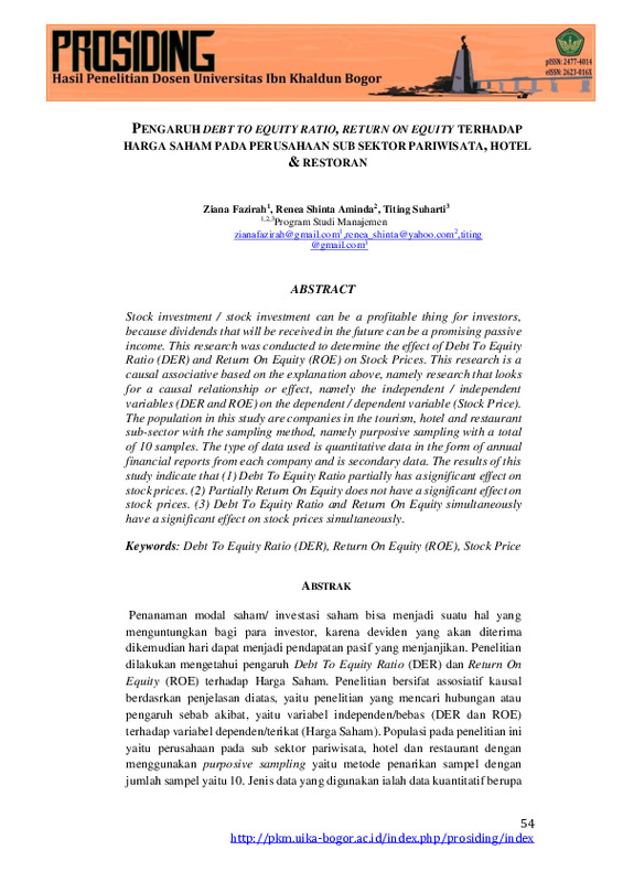 Pengaruh Debt to Equity Ratio, Return on Equity Terhadap Harga Saham Pada Perusahaan Sub Sektor Pariwisata, Hotel & Restoran.pdf Pengaruh Debt to Equity Ratio, Return on Equity Terhadap Harga Saham Pada Perusahaan Sub Sektor Pariwisata, Hotel & Restoran.pdf