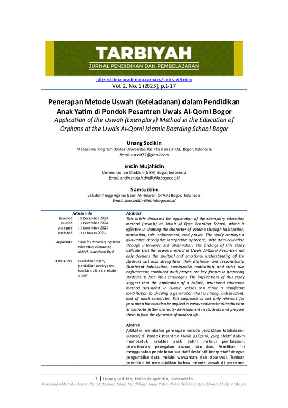 Penerapan Metode Uswah (Keteladanan) dalam Pendidikan Anak Yatim di Pondok Pesantren Uwais Al-Qorni Bogor Application of the Uswah (Exemplary) Method in the Education of ….pdf