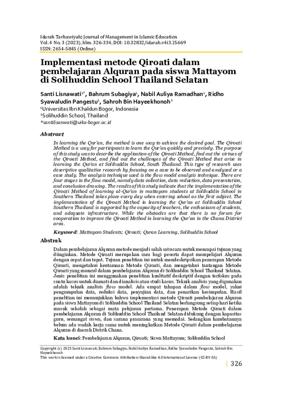 Implementasi metode Qiroati dalam pembelajaran Alquran pada siswa Mattayom di Solihuddin School Thailand Selatan.pdf