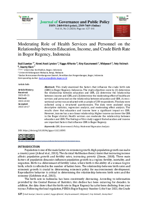Moderating Role of Health Services and Personnel on the Relationship between Education, Income, and Crude Birth Rate in Bogor Regency, Indonesia.pdf Moderating Role of Health Services and Personnel on the Relationship between Education, Income, and Crude Birth Rate in Bogor Regency, Indonesia.pdf