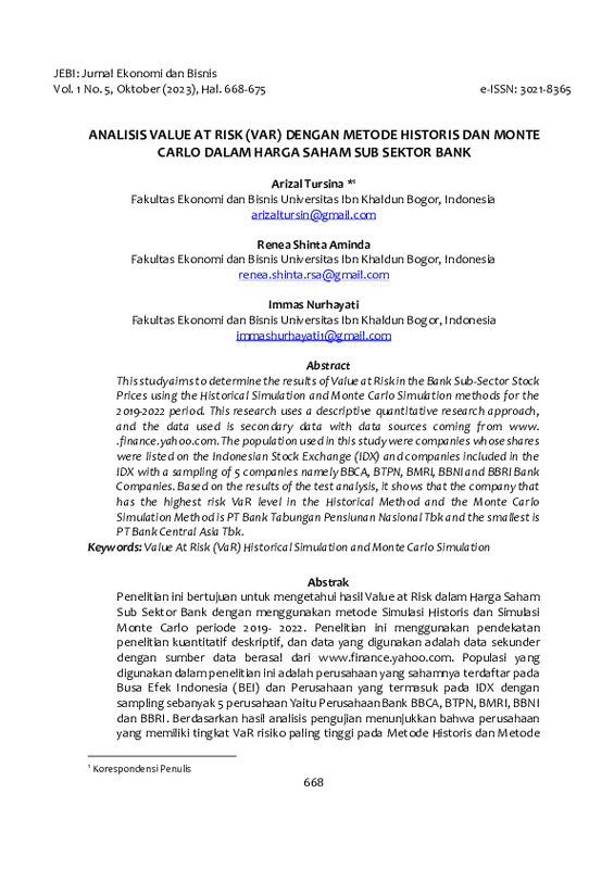 ANALISIS VALUE AT RISK (VAR) DENGAN METODE HISTORIS DAN MONTE CARLO DALAM HARGA SAHAM SUB SEKTOR BANK.pdf ANALISIS VALUE AT RISK (VAR) DENGAN METODE HISTORIS DAN MONTE CARLO DALAM HARGA SAHAM SUB SEKTOR BANK.pdf