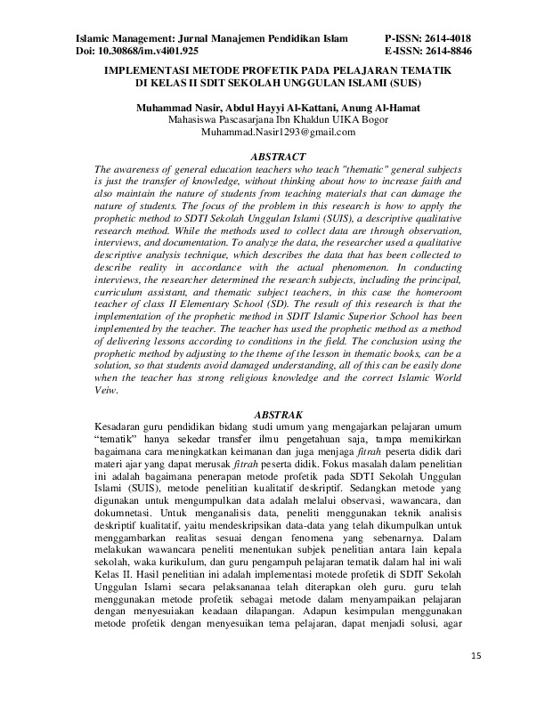 IMPLEMENTASI METODE PROFETIK PADA PELAJARAN TEMATIK DI KELAS II SDIT SEKOLAH UNGGULAN ISLAMI (SUIS).pdf IMPLEMENTASI METODE PROFETIK PADA PELAJARAN TEMATIK DI KELAS II SDIT SEKOLAH UNGGULAN ISLAMI (SUIS).pdf