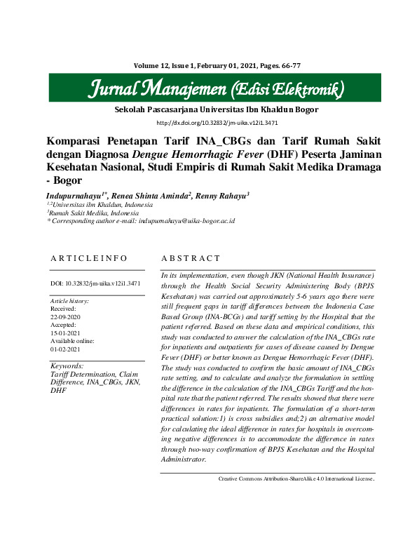 Komparasi Penetapan Tarif INA_CBGs dan Tarif Rumah Sakit dengan Diagnosa Dengue Hemorrhagic Fever (DHF) Peserta Jaminan Kesehatan Nasional, Studi Empiris di Rumah Sakit Medika ….pdf