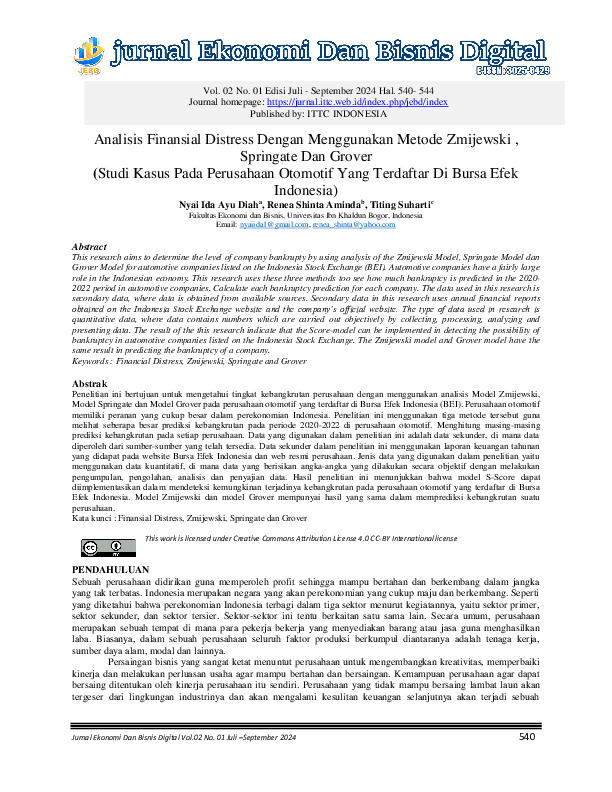 Analisis Finansial Distress Dengan Menggunakan Metode Zmijewski, Springate Dan Grover.pdf Analisis Finansial Distress Dengan Menggunakan Metode Zmijewski, Springate Dan Grover.pdf