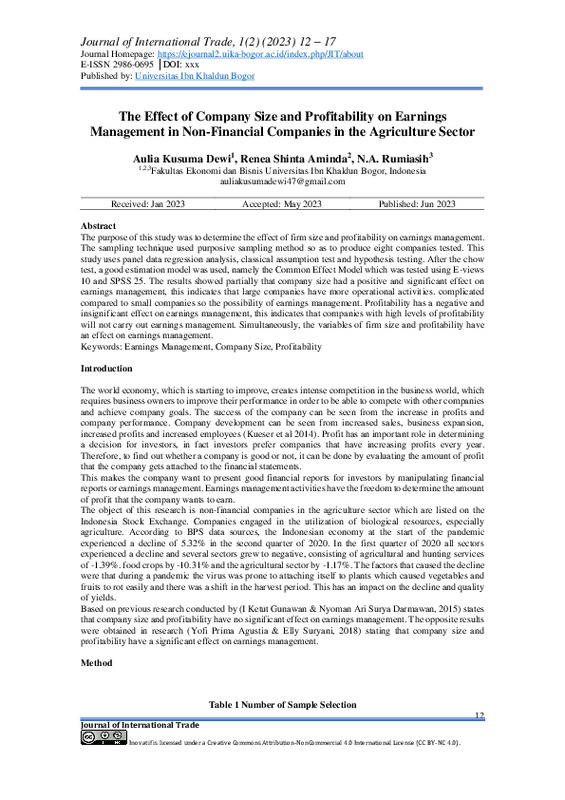 The Influence of Company Size and Profitability on Profit Management in Non-Financial Companies in the Agriculture Sector.pdf The Influence of Company Size and Profitability on Profit Management in Non-Financial Companies in the Agriculture Sector.pdf