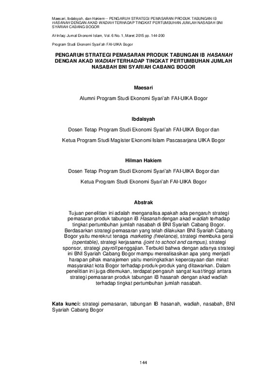 PENGARUH STRATEGI PEMASARAN PRODUK TABUNGAN IB HASANAH DENGAN AKAD WADIAH TERHADAP TINGKAT PERTUMBUHAN JUMLAH NASABAH BNI SYARIAH CABANG BOGOR.pdf