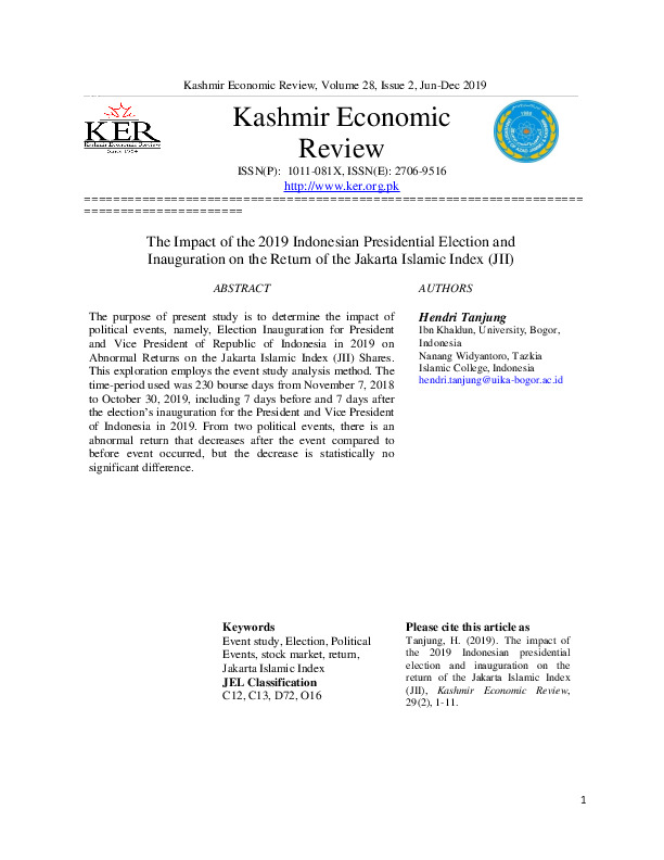The Impact of the 2019 Indonesian Presidential Election and Inauguration on the Return of the Jakarta Islamic Index (JII).pdf The Impact of the 2019 Indonesian Presidential Election and Inauguration on the Return of the Jakarta Islamic Index (JII).pdf