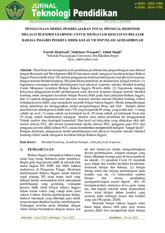 Penggunaan Model Pembelajaran Total Physical Response Melalui Blended Learning Untuk Mengatasi Kesulitan Belajar Bahasa Inggris Peserta Didik Kelas VII SMP Islam Azzhahiriyah.pdf Penggunaan Model Pembelajaran Total Physical Response Melalui Blended Learning Untuk Mengatasi Kesulitan Belajar Bahasa Inggris Peserta Didik Kelas VII SMP Islam Azzhahiriyah.pdf
