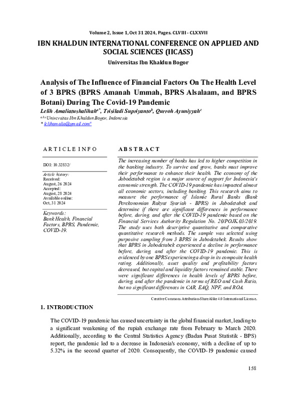 Analysis of The Influence of Financial Factors On The Health Level of 3 BPRS (BPRS Amanah Ummah, BPRS Alsalaam, and BPRS Botani) During The Covid-19 Pandemic.pdf Analysis of The Influence of Financial Factors On The Health Level of 3 BPRS (BPRS Amanah Ummah, BPRS Alsalaam, and BPRS Botani) During The Covid-19 Pandemic.pdf