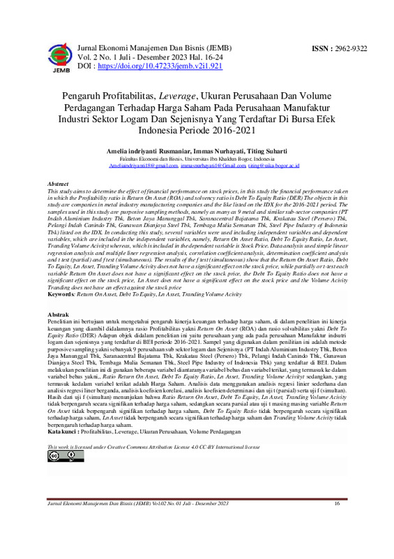 Pengaruh Profitabilitas, Leverage, Ukuran Perusahaan Dan Volume Perdagangan Terhadap Harga Saham Pada Perusahaan Manufaktur Industri Sektor Logam Dan Sejenisnya Yang Terdaftar ….pdf Pengaruh Profitabilitas, Leverage, Ukuran Perusahaan Dan Volume Perdagangan Terhadap Harga Saham Pada Perusahaan Manufaktur Industri Sektor Logam Dan Sejenisnya Yang Terdaftar ….pdf