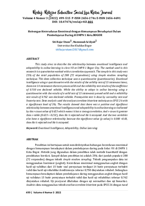 Hubungan Keceradasan Emosional dengan Kemampuan Beradaptasi Dalam Pembelajaran Daring di SMPN 1 Kota Bogor.pdf