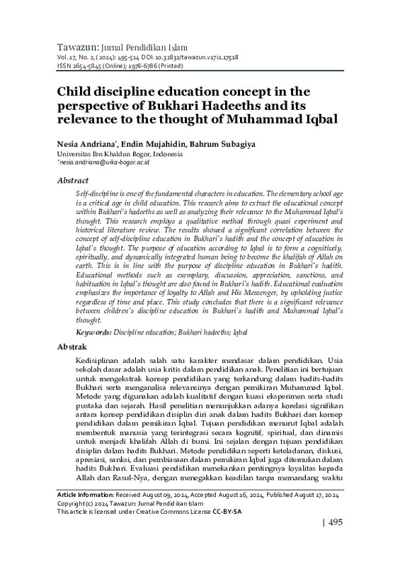 Child discipline education concept in the perspective of Bukhari Hadeeths and its relevance to the thought of Muhammad Iqbal.pdf