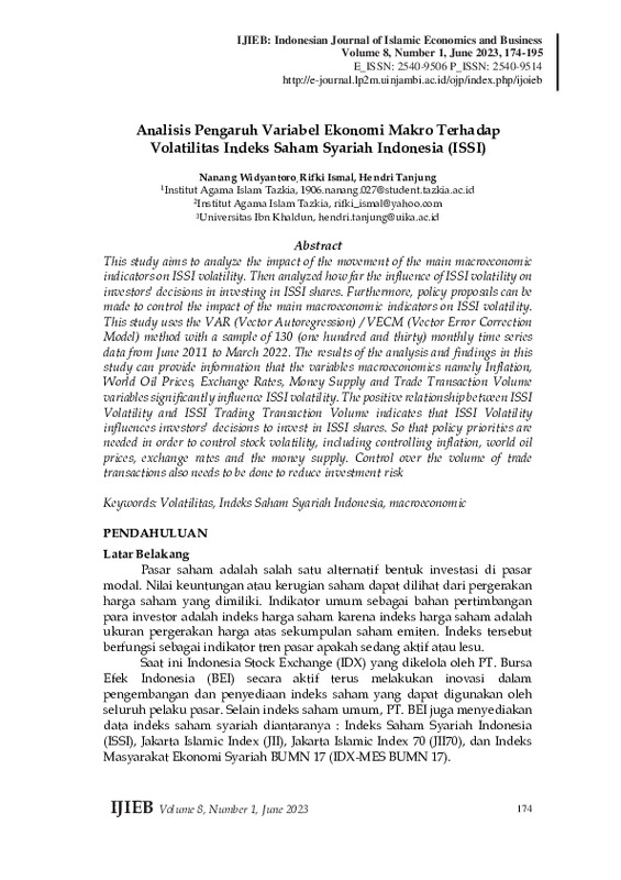 Analisis Pengaruh Variabel Ekonomi Makro Terhadap Volatilitas Indeks Saham Syariah Indonesia (ISSI).pdf Analisis Pengaruh Variabel Ekonomi Makro Terhadap Volatilitas Indeks Saham Syariah Indonesia (ISSI).pdf